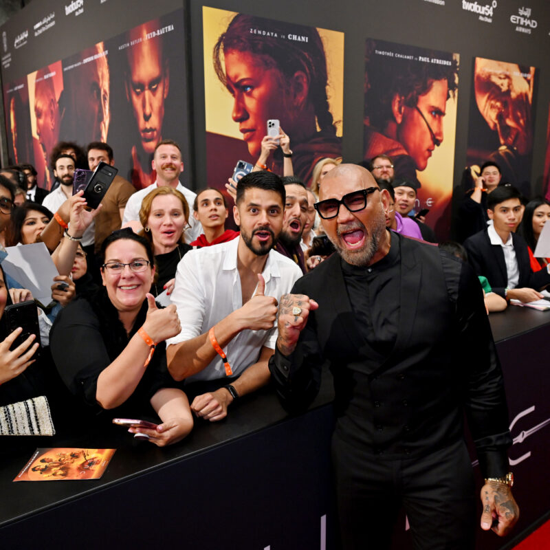 American actor Dave Bautista greets fans during the Middle East premiere of "Dune: Part Two” at VOX Cinemas at Abu Dhabi’s Galleria Mall yesterday. The second installment of the sci-fi epic, starring Timothee Chalamet and Zendaya, is set for wider release in the region on February 29. (Getty Images)