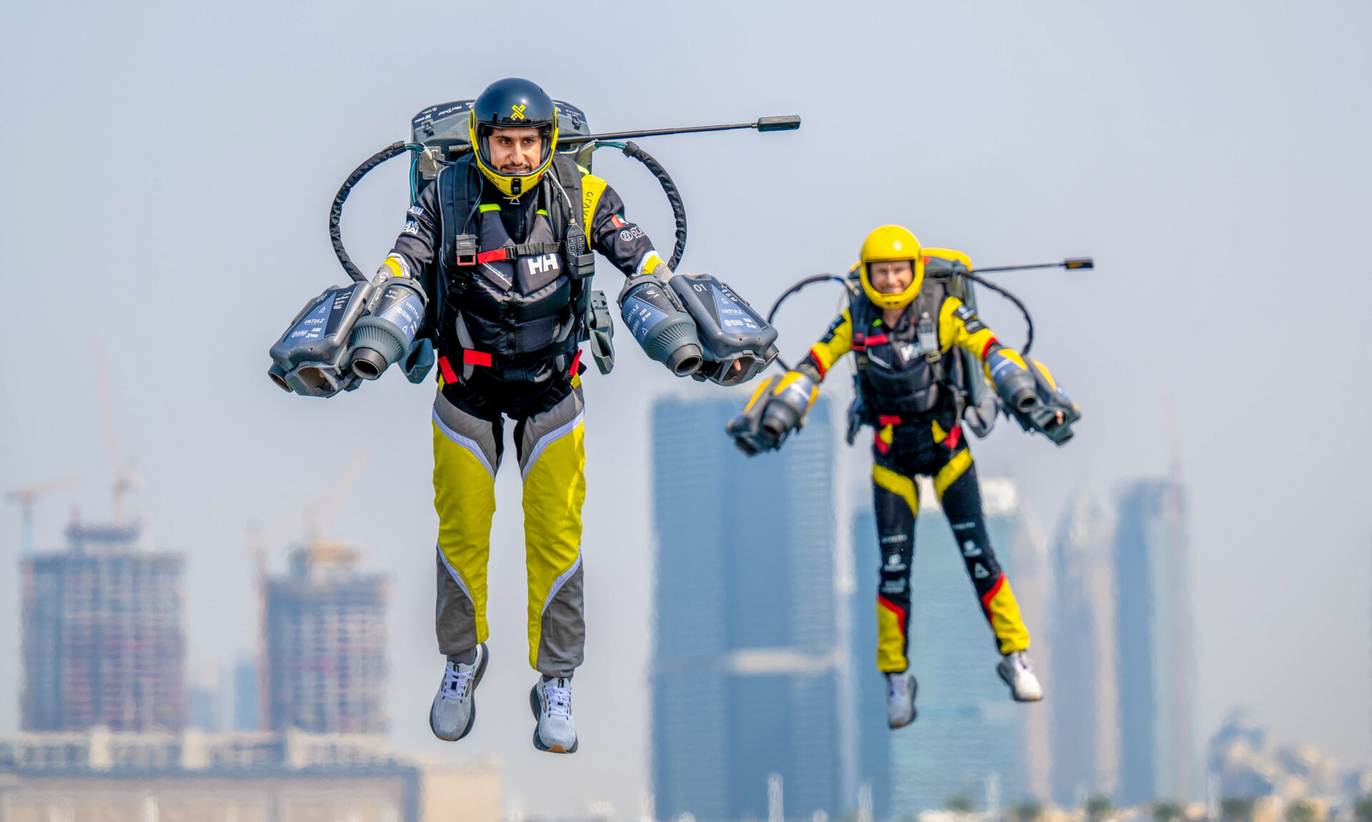 Pilots lift off during the Dubai Jet Suit Championship on Wednesday. The first event of its kind anywhere in the world, the race was organized by the Dubai Sports Council and Gravity Industries in cooperation with the Skydive Dubai Club and XDubai. (Photo: Getty Images)
