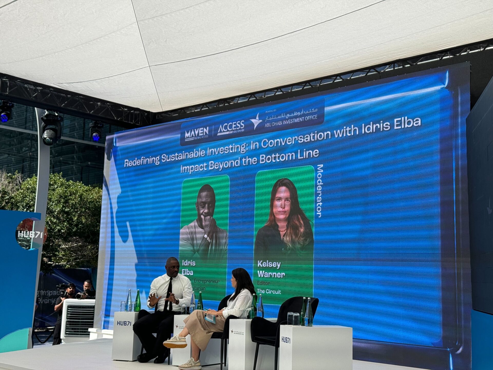 British actor Idris Elba is interviewed onstage by The Circuit’s Kelsey Warner about his business ventures during the Hub71 Impact event in Abu Dhabi.