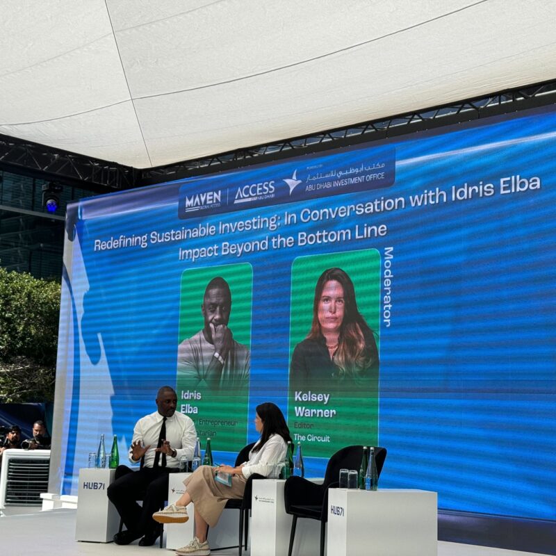 British actor Idris Elba is interviewed onstage by The Circuit’s Kelsey Warner about his business ventures during the Hub71 Impact event in Abu Dhabi.