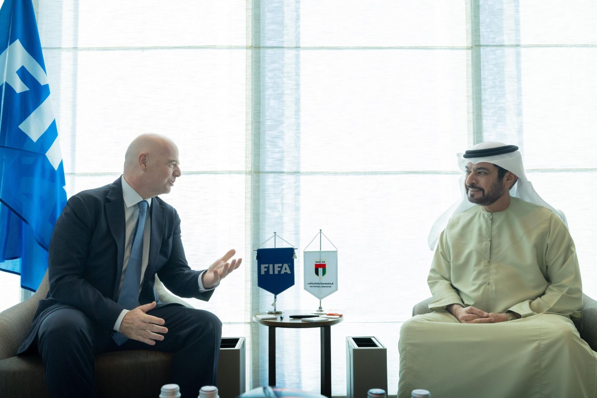 FIFA President Gianni Infantino, who is visiting the UAE for the FIFA Beach Soccer World Cup in Dubai, met with Sheikh Hamdan bin Mubarak, President of the UAE Football Association, on Thursday.