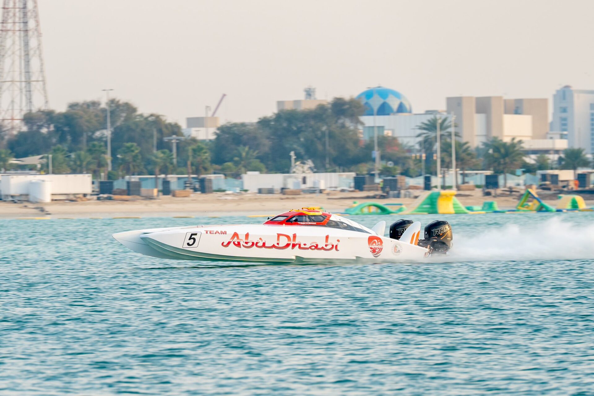 Team Abu Dhabi’s vessel glides in front of the Corniche while preparing for the UAE Powerboat Class 3 Championship in the UAE capital. (Picture: Abu Dhabi Marine Sports Club / X)