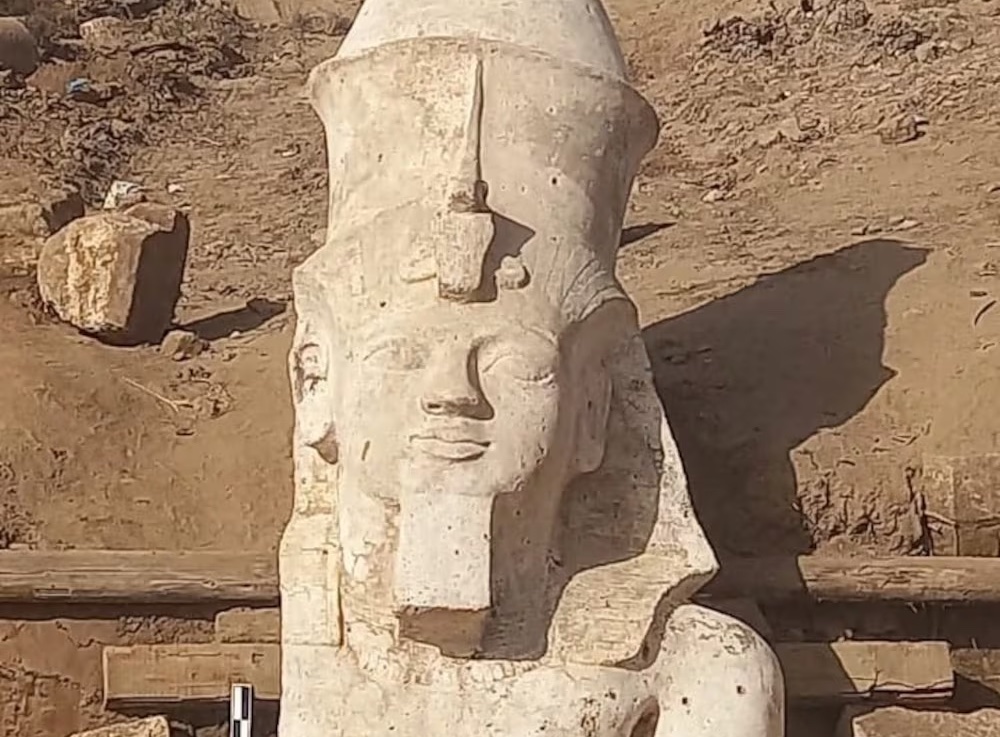 The long-lost top half of a statue of Pharaoh Ramses II has been found by an Egyptian-U.S. mission in southern Egypt, almost a century after the lower half was discovered by a German archaeologist in the same area of Al Minya province. The 12-foot, five-inch high section depicts Ramses II wearing a dual crown with a cobra at the front. The complete statue would stand at 7 meters high. (Photo: Egyptian Ministry of Tourism and Antiquities)