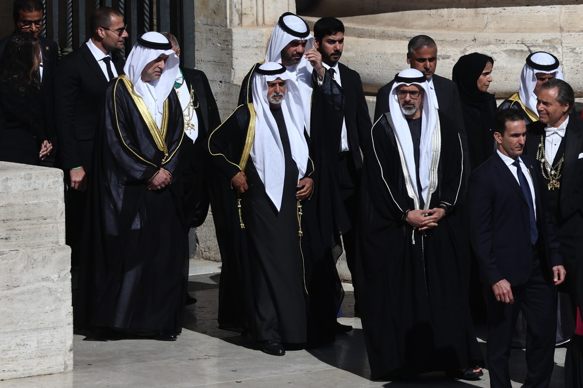 Abu Dhabi Crown Prince Khaled bin Mohamed attended the funeral ceremony of Pope Francis at Saint Peter's Square at the Vatican on Saturday. UAE Minister of Tolerance and Coexistence Sheikh Nahayan bin Mubarak Al Nahyan, UAE Ambassador to the Holy See Omar Saif Ghobash and Chairman of the Crown Prince’s Office Saif Saeed Ghobash also attended the funeral alongside the Crown Prince. (Jakub Porzycki/NurPhoto via Getty Images)