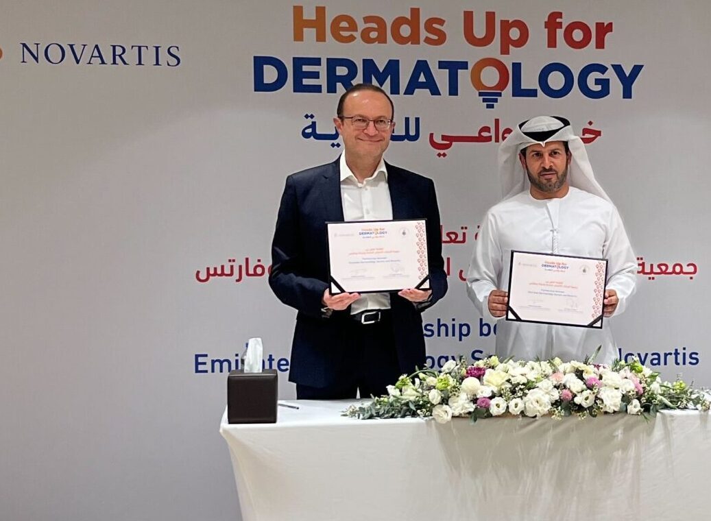 Mohamed Ezz Eldin, Head of Novartis’s Gulf operations (left), with Dr. Ayman Al Naeem, Vice President of the Emirates Dermatology Society. (Omnia Al Desoukie)