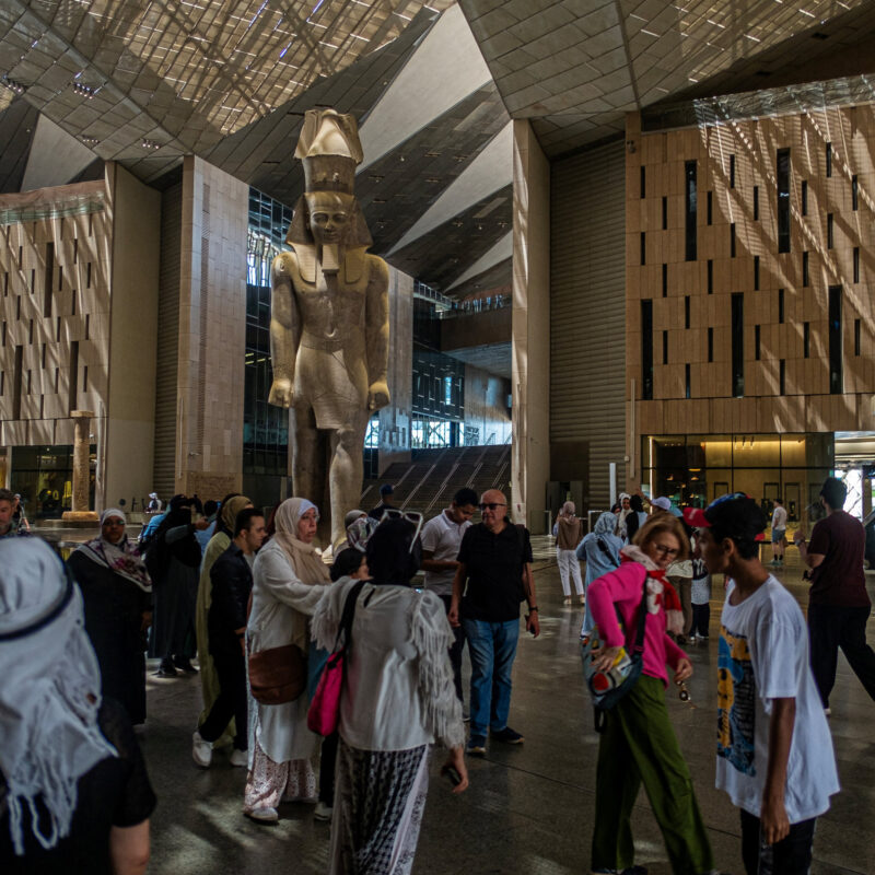 Visitors tour the new Grand Egyptian Museum in Giza on the outskirts of Cairo. The museum has started welcoming guests after years of delays, with an official opening scheduled for July. (Khaled Desouki / AFP via Getty Images)