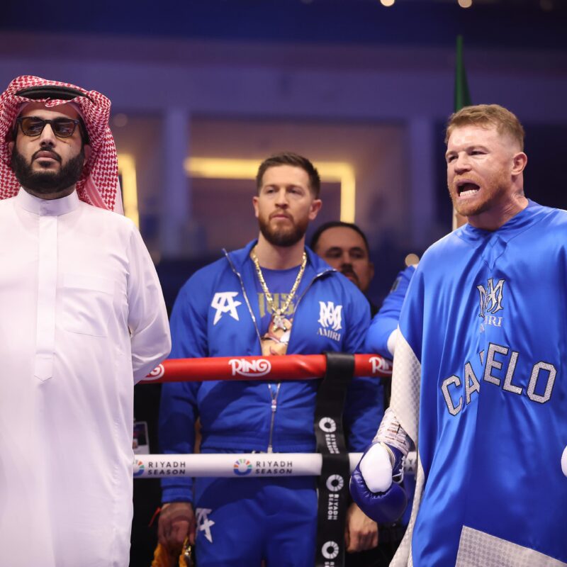 Turki Al-Sheikh, Saudi Arabia’s entertainment chief, looks on ahead of the super middleweight fight between Saul "Canelo" Alvarez and William Scull on the Fatal Fury City of Wolves card at ANB Arena in Riyadh on Saturday. (Richard Pelham/Getty Images)