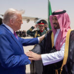 U.S. President Donald Trump is welcomed by Saudi Crown Prince Mohammed bin Salman on arrival at Malik Khalid Airport in Riyadh on Tuesday. (Bandar Al-Jaloud/Saudi Royal Court via Getty Images)