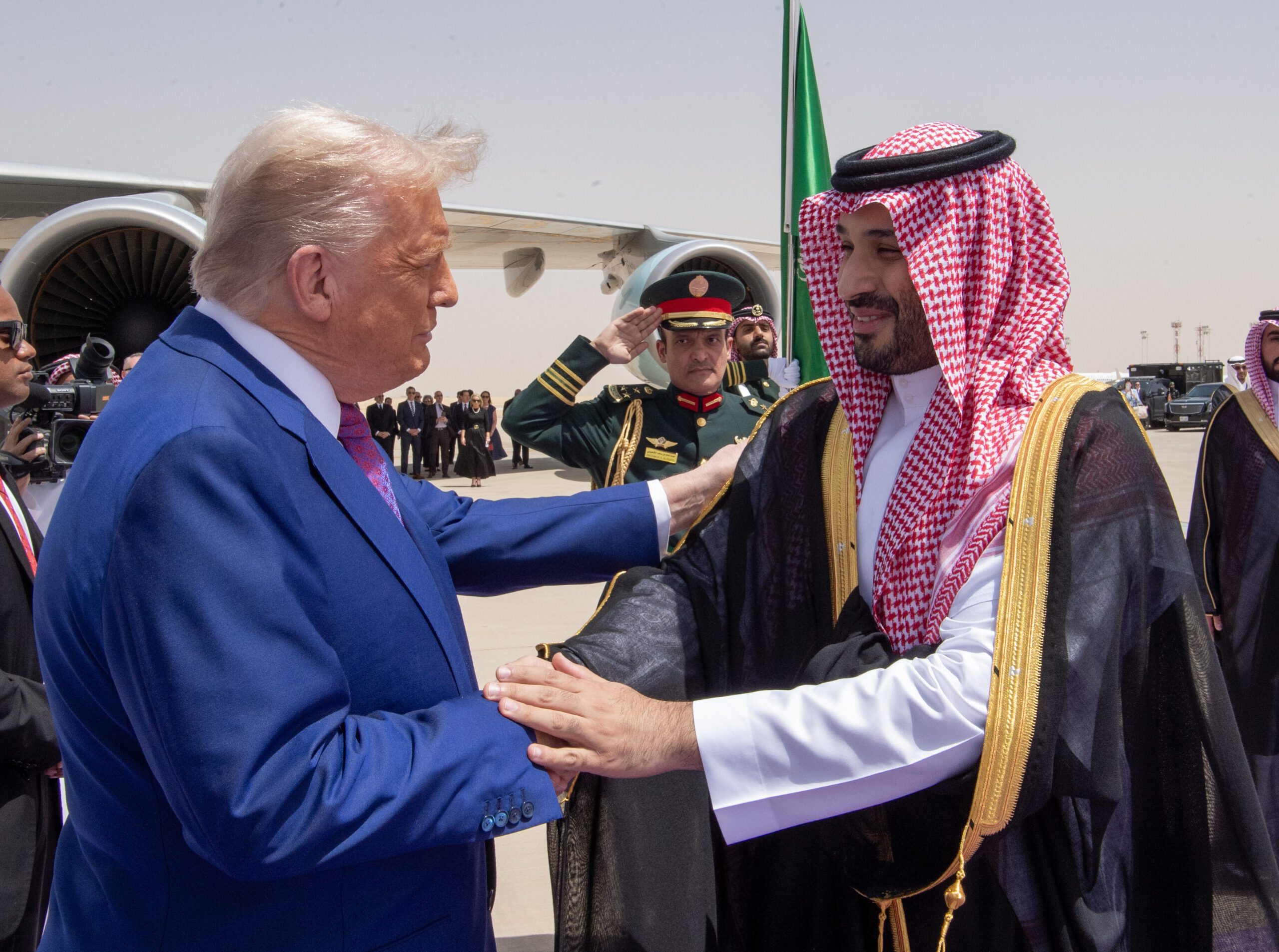 U.S. President Donald Trump is welcomed by Saudi Crown Prince Mohammed bin Salman on arrival at Malik Khalid Airport in Riyadh on Tuesday. (Bandar Al-Jaloud/Saudi Royal Court via Getty Images)
