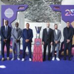 The opening press conference for the Turkish Airlines EuroLeague Final Four Abu Dhabi was held at the Louvre Abu Dhabi on Thursday. Europe’s biggest basketball tournament is being held in the UAE for the first time this weekend at Etihad Arena on Yas Island. Pictured are (L-R): Saras Jasikevicius, Head Coach of Fenerbahce Beko Istanbul, Nigel Hayes-Davis, #11 of Fenerbahce Beko Istanbul, Kendrick Nunn, #25 of Panathinaikos Aktor Athens, Ergin Ataman, Head Coach of Panathinaikos Aktor Athens, Vassilis Spanoulis, Head Coach of AS Monaco, Mike James, #55 of AS Monaco, Georgios Bartzokas, Head Coach of Olympiacos Piraeus and Sasha Vezenkov, #14 of Olympiacos Piraeus. (Pau Barrena/Euroleague Basketball via Getty Images)