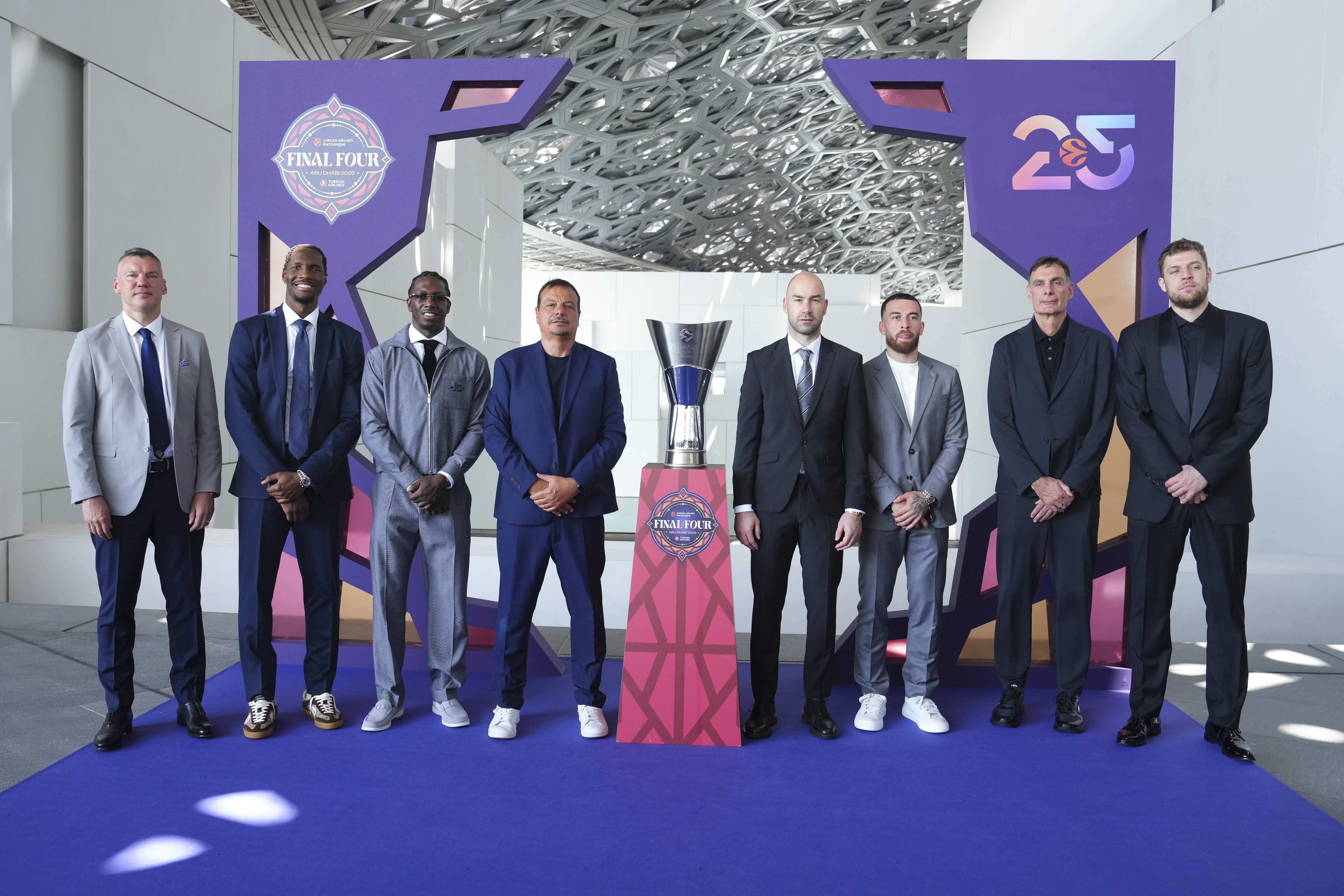 The opening press conference for the Turkish Airlines EuroLeague Final Four Abu Dhabi was held at the Louvre Abu Dhabi on Thursday. Europe’s biggest basketball tournament is being held in the UAE for the first time this weekend at Etihad Arena on Yas Island. Pictured are (L-R): Saras Jasikevicius, Head Coach of Fenerbahce Beko Istanbul, Nigel Hayes-Davis, #11 of Fenerbahce Beko Istanbul, Kendrick Nunn, #25 of Panathinaikos Aktor Athens, Ergin Ataman, Head Coach of Panathinaikos Aktor Athens, Vassilis Spanoulis, Head Coach of AS Monaco, Mike James, #55 of AS Monaco, Georgios Bartzokas, Head Coach of Olympiacos Piraeus and Sasha Vezenkov, #14 of Olympiacos Piraeus. (Pau Barrena/Euroleague Basketball via Getty Images)