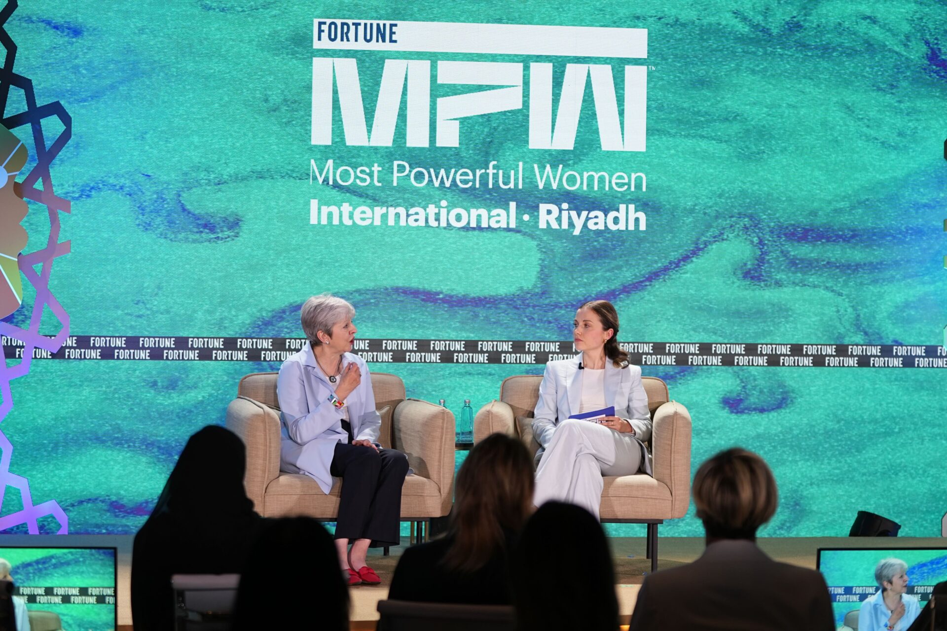 Former U.K. Prime Minister Theresa May appeared on stage alongside Editorial Director Ellie Austin at the Fortune Most Powerful Women International Summit at the St. Regis in Riyadh on Wednesday. (Amal Alhasan/Getty Images for Fortune Media)