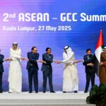 Emir of Qatar Sheikh Tamim, Vietnam's Prime Minister Pham Minh Chinh, Crown Prince of Kuwait Sheikh Sabah Al Khalid Al Sabah, Malaysia's Prime Minister Anwar Ibrahim, Philippines' President Ferdinand Marcos Jr, Ruler of the UAE emirate of Ras Al Khaimah Sheikh Saud bin Saqr Al Qasimi, Sultan of Brunei Hassanal Bolkiah, Bahrain's Crown Prince Salman bin Hamad Al Khalifa, and Cambodia's Prime Minister Hun Manet pose for a group photo at the 2nd ASEAN-GCC Summit in Kuala Lumpur on Tuesday. (Jam Sta Rosa / AFP via Getty Images)