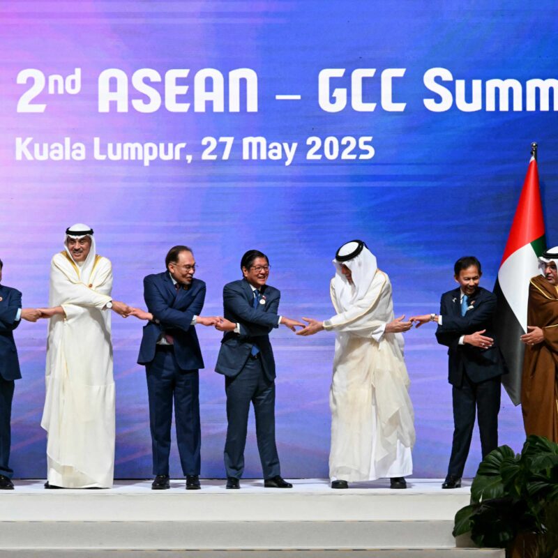 Emir of Qatar Sheikh Tamim, Vietnam's Prime Minister Pham Minh Chinh, Crown Prince of Kuwait Sheikh Sabah Al Khalid Al Sabah, Malaysia's Prime Minister Anwar Ibrahim, Philippines' President Ferdinand Marcos Jr, Ruler of the UAE emirate of Ras Al Khaimah Sheikh Saud bin Saqr Al Qasimi, Sultan of Brunei Hassanal Bolkiah, Bahrain's Crown Prince Salman bin Hamad Al Khalifa, and Cambodia's Prime Minister Hun Manet pose for a group photo at the 2nd ASEAN-GCC Summit in Kuala Lumpur on Tuesday. (Jam Sta Rosa / AFP via Getty Images)