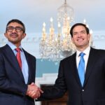 Sheikh Abdullah bin Zayed, UAE Deputy Prime Minister and Foreign Minister, shakes hands with U.S. Secretary of State Marco Rubio at the State Department in Washington on Tuesday. (Alex Wroblewski/AFP via Getty Images)