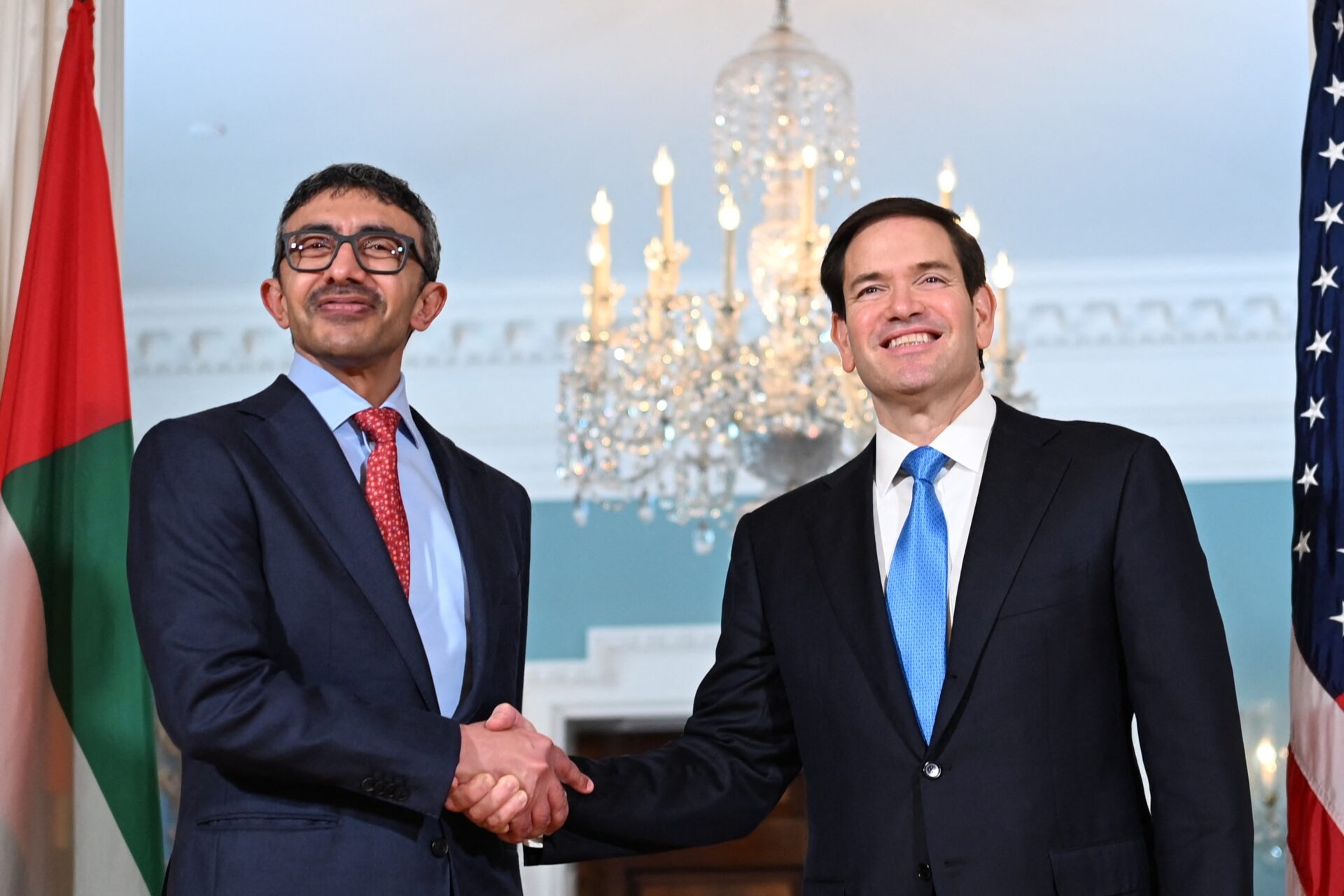 Sheikh Abdullah bin Zayed, UAE Deputy Prime Minister and Foreign Minister, shakes hands with U.S. Secretary of State Marco Rubio at the State Department in Washington on Tuesday. (Alex Wroblewski/AFP via Getty Images)