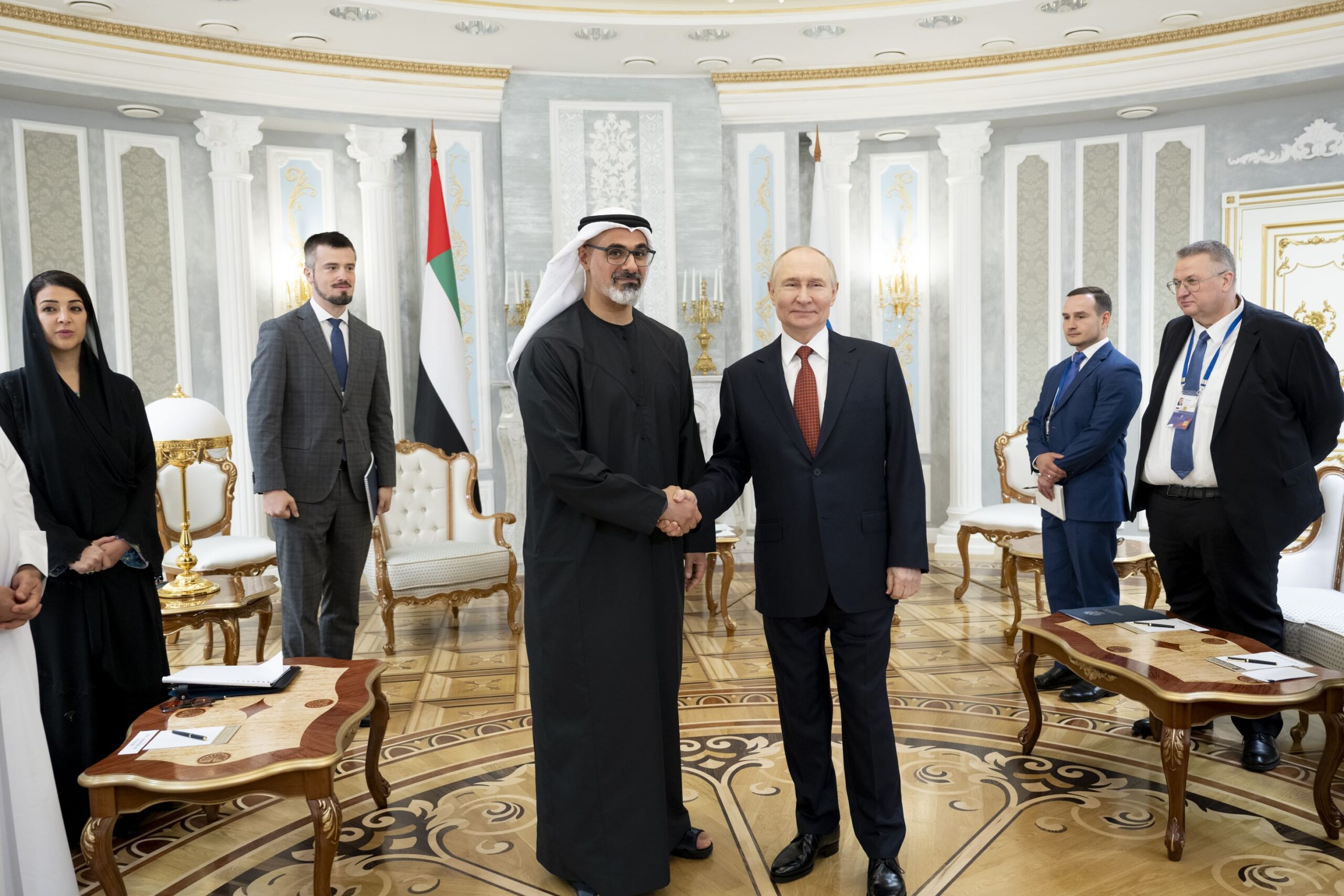 Abu Dhabi Crown Prince Sheikh Khaled bin Mohamed met Russian President Vladimir Putin on the sidelines of the Supreme Eurasian Economic Council meeting on Friday in Minsk, Belarus. (WAM)
