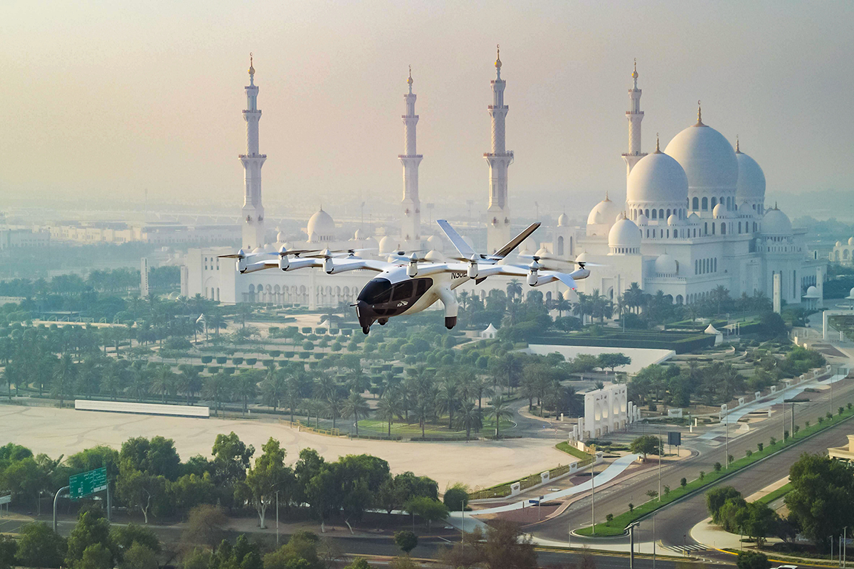 Archer Aviation's Midnight aircraft is tested in the skies above Abu Dhabi, with Sheikh Zayed Grand Mosque in the background. (Archer Aviation)