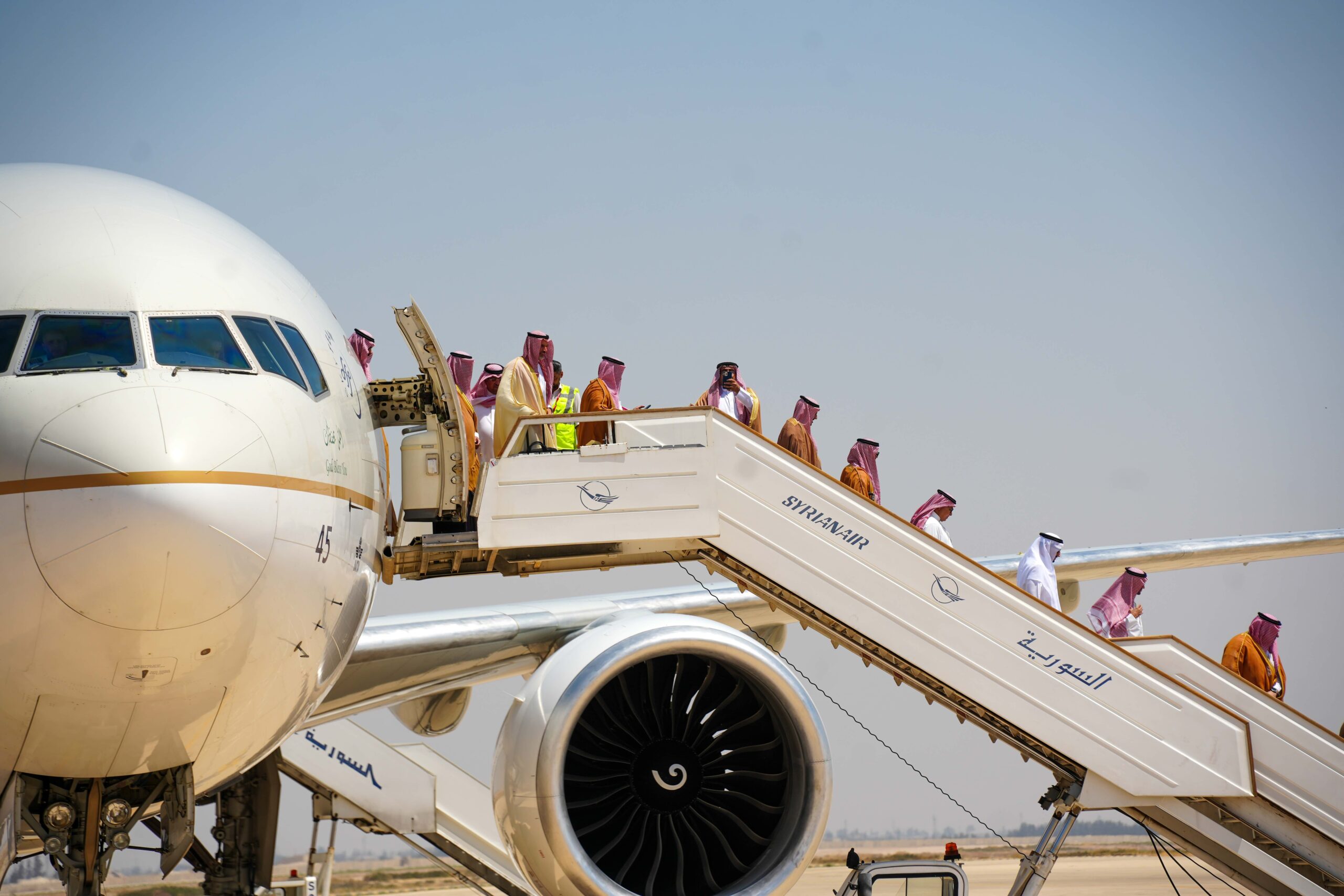 A high-level delegation from Saudi Arabia arrived in Damascus on a Syrian Air commercial aircraft on Wednesday, led by Investment Minister Khalid Al Falih. (Rami Alsayed/NurPhoto via Getty Images)
